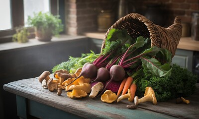 Rustic Kitchen Still Life Featuring a Cornucopia Overflowing with Vibrant Vegetables and Mushrooms on Weathered Wooden Table in Warm Lighting Depicting a Rich Harvest and Autumnal Theme