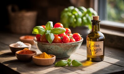 Rustic Kitchen Still Life with Cherry Tomatoes Basil Olive Oil and Spices on Wooden Table a Culinary Delight with Red Green and Yellow Hue in Soft Daylight for Healthy Lifestyle Concepts