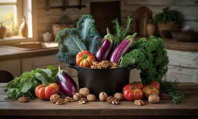 Rustic Kitchen Still Life with Fresh Vegetables and Nuts a Display of Tomatoes Eggplants Leafy Greens and Walnuts in a Black Pot on a Wooden Table in Warm Natural Lighting for Promoting Farm to Table