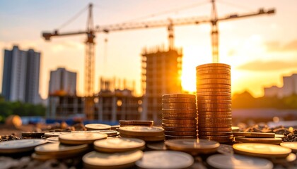 Coins with construction site at sunset.