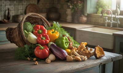 Rustic Kitchen Still Life with Woven Basket Overflowing with Colorful Vegetables Red and Yellow Bell Peppers Eggplant and Mushrooms on Countertop in Warm Daylight Representing Healthy Diet and Farm