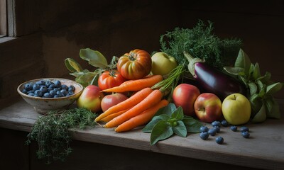 Rustic Still Life Featuring Fresh Vegetables and Fruits Displayed in Natural Light Showcasing Tomatoes Carrots Apples Blueberries and Leafy Greens on a Stone Surface and Stone Background Offers a