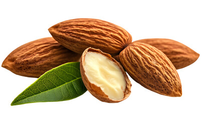 Delicious and Nutritious Almonds Pile with Fresh Green Leaf on Black Background