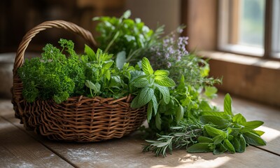 Rustic Wicker Basket Filled with Fresh Culinary Herbs like Mint Parsley Thyme and Rosemary on Wooden Window Sill Bathed in Warm Sunlight, Embodying a Theme of Natural Wellness and Organic Lifestyle