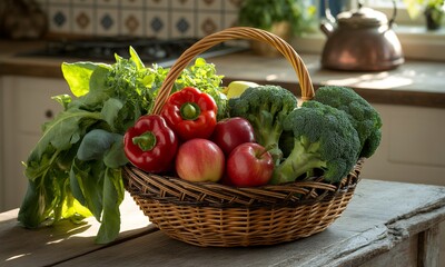 Rustic Wicker Basket Overflowing with Colorful Fresh Vegetables Fruits such as Red Bell Peppers Crisp Red Apples and Green Broccoli Placed on Wooden Kitchen Table Top With Natural Sunlight From