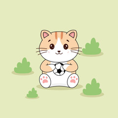 Cute cat icon with football on the field illustration