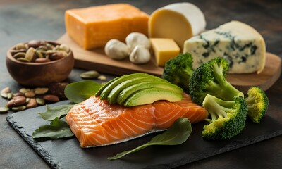 Salmon and Avocado with Assorted Cheeses and Mixed Nuts Still Life on Slate Board Presentation with Wooden Board Background Featuring Rich Colors Perfect for Wellness and Diet Focused Media 200+