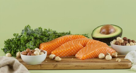 Salmon Avocado and Kale Composition on Wooden Board with Light Green Backdrop Showcasing Vibrant Orange Salmon Fillets Creamy Avocado Halves and Nutritious Kale in Healthful Still Life Arrangement