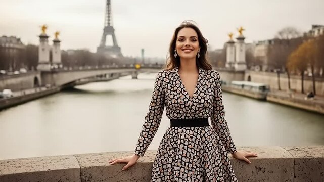 Woman in a patterned dress by the river Seine.