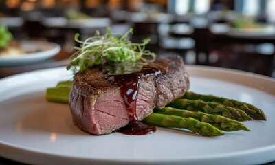 Seared Steak Fillet with Asparagus and Microgreens on White Plate Featuring Healthy Gourmet Dish, Close-up Shot Emphasizing Vibrant Green and Dark Red Tones Creating Eye Level Gourmet Delight