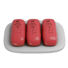 3D illustration of delicious pink iced donuts with chocolate sprinkles on a plate, perfect for dessert and snack visuals.