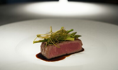 Seared Tuna Slice Topped with Green Asparagus and Herbs on White Plate Under Soft Spotlight A Captivating Gourmet Dish Presentation for Culinary Delights and Healthy Eating Advocates Exuding Culinary