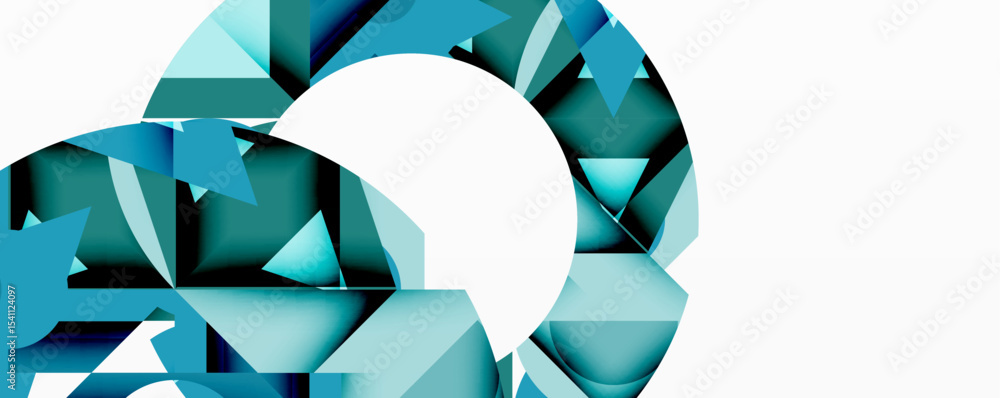Poster abstract geometric shapes form circular pattern. blue hues dominate, contrasted by bright white spac