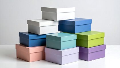 Colorful stacked boxes on a white background.