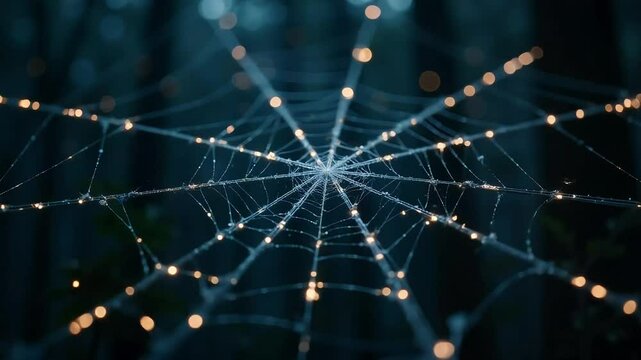 Spider web with morning dew and light bokeh in dark forest
