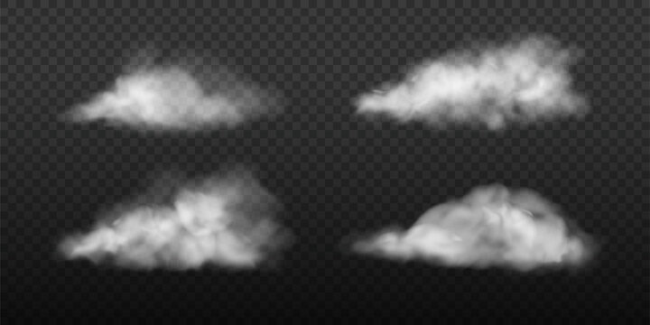 White smoke on the floor realistic illustration. Vector car dust cloud set. Fog spreading on the road design element collection