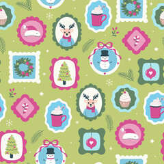Seamless pattern with Christmas items in frames. Vector graphics.
