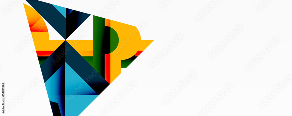 Poster Abstract geometric shapes overlap, creating dynamic composition. Bright colors contrast against white background. Modern design element.