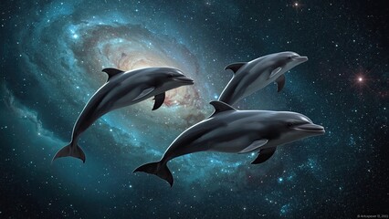 Naklejka premium Real image of dolphins jumping through the galaxy. Dolphins and galaxy create a cosmic scene. Dolphins and galaxy blend in a real cosmic artwork. Cosmic adventure background.
