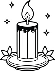 Decorative Holiday Candle on Plate – Black and White Festive Candlelight Illustration with Stars and Leaves