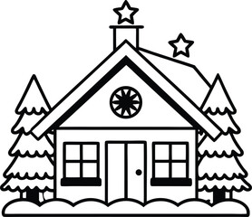 Winter Holiday Cabin Outline – Snowy House with Stars and Pine Trees