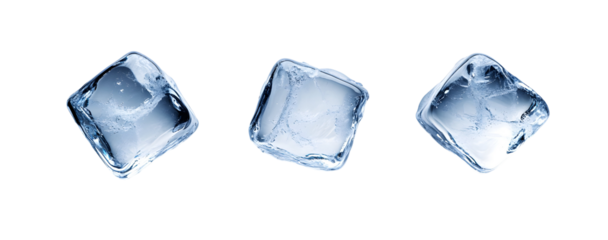 Three ice cubes isolated on black background, refreshing drink ingredient concept