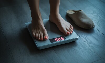 Top Down View of Bare Feet on Digital Scale Displaying Weight on Grey Wood Floor with Tan Slipper in Indoor Setting Showcasing Health and Wellness in Neutral Tones Perfect for Decoration
