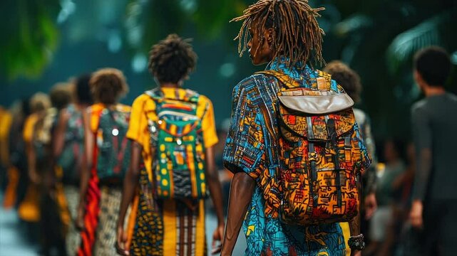 Runway models showcase vibrant patterned backpacks and clothing