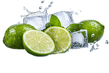 Refreshing Citrus: Limes and Ice Cubes in a Vibrant Splash on Black Background