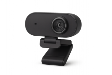 Modern black webcam isolated on transparent background, streaming device for computer, meetings, and video calls