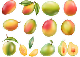Variety of Ripe and Juicy Mangoes with Leaves Arranged on a Black Background