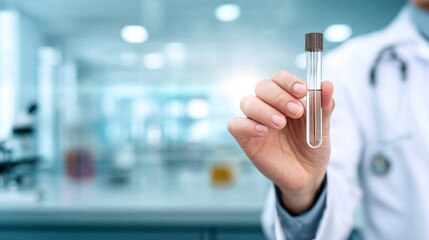 Doctor holding medical test tube with sample in laboratory, healthcare professional analyzing specimen for research or diagnosis, early disease detection and prevention concept.
