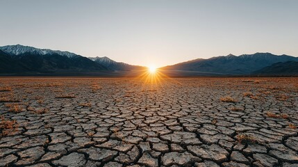 A vast, cracked earth plain under a setting sun.