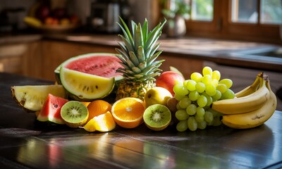 Vibrant Assortment of Fresh Fruits Including Watermelon Pineapple Kiwi Oranges Grapes and Bananas Arranged on a Dark Wooden Table Against a Warm Kitchen Background Symbolizing Healthy Eating and