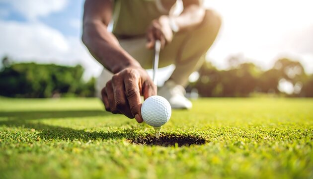 Golfer teeing up golf ball on green.