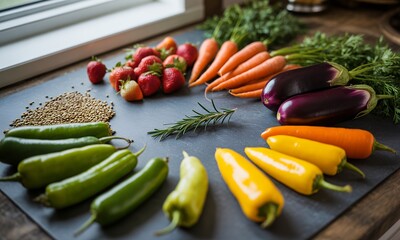Vibrant Assortment of Fresh Vegetables and Fruits Displayed on Dark Slate A High Angle Still Life Featuring Strawberries Carrots and Eggplants Showcasing Healthy Eating and Nutrition for Recipe