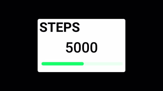 foot steps counter animation on black background, 5000 steps counter animated, 0 to 5000 foot steps count with alpha channel.