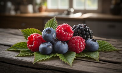 Vibrant Berry Still Life Featuring Blueberries Raspberries and Blackberries Adorned with Water Droplets and Green Leaves Displayed on a Rustic Wooden Tabletop Perfect for Health and Diet Focused