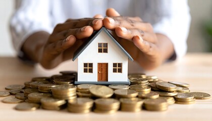 Hands Protecting House on a Pile of Coins.