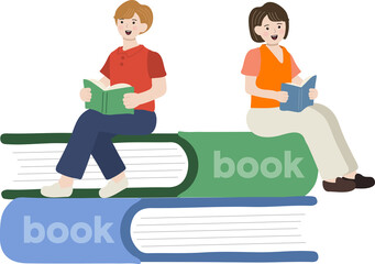 책에 앉아 독서중인 커플 남녀