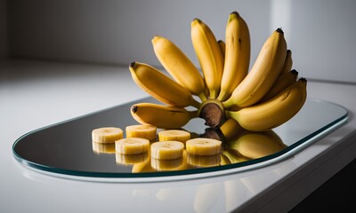 Vibrant Bunch of Small Yellow Bananas on a Mirrored Tray Display with Sliced Pieces in a Minimalist White Setting Capturing the Essence of Freshness and Tropical Health High Angle Eye Level
