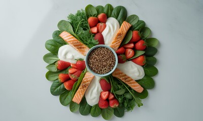 Vibrant Circular Food Display Featuring Grilled Salmon Quinoa Strawberries and Leafy Greens with Creamy Accents on Bright White Backdrop in Overhead Flat Lay Promotes Healthy Lifestyle and Diet