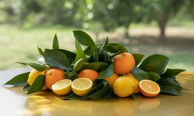 Vibrant Citrus Display Fresh Oranges and Lemons Arranged with Lush Green Leaves on Golden Table Reflective Surface in Natural Daylight for Adobe Stock Photography Use