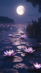 Purple water lily pond Moon outdoor landscape illustration poster background