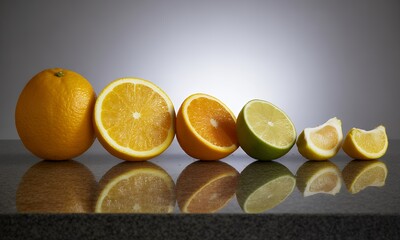 Vibrant Citrus Fruits Display Featuring Oranges Lemons and Limes Reflected on Glossy Surface with a Gradient Background Perfect for Fresh Healthy Eating and Natural Flavors in a Decorative Still Life