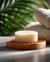 Light beige bar soap on a wooden soap dish.