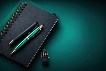 Black notebook, teal pens, gold clip