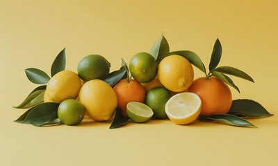 Vibrant Citrus Fruits Still Life Featuring Lemons Limes and Oranges with Green Leaves on Yellow Background Showcasing Freshness Juiciness and Natural Colors Under Bright Studio Lighting for Healthy