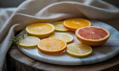 Vibrant Citrus Harmony Slices of Orange Lemon and Grapefruit Arranged on Marble Surface with Rosemary and Linen Cloth for Wellness and Health Promotion Detailed Food Photography with Natural Light