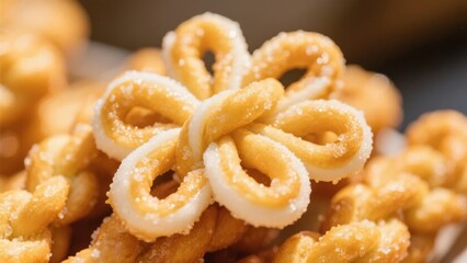 Golden, crispy spiral-shaped snacks dusted with sugar
